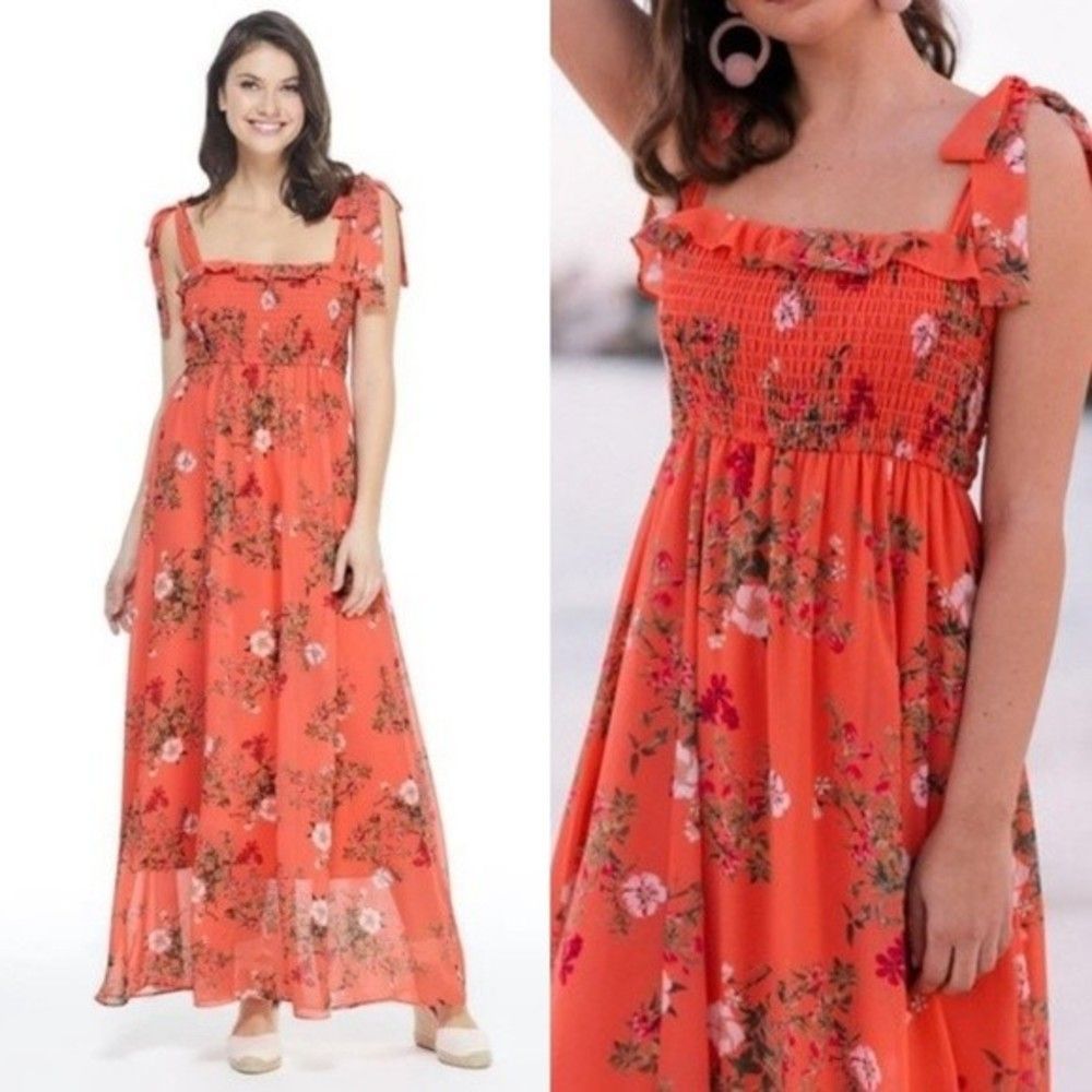 Gal Meets Glam Melody TieShoulder Chiffon Floral Smocked Waist Maxi Dress 